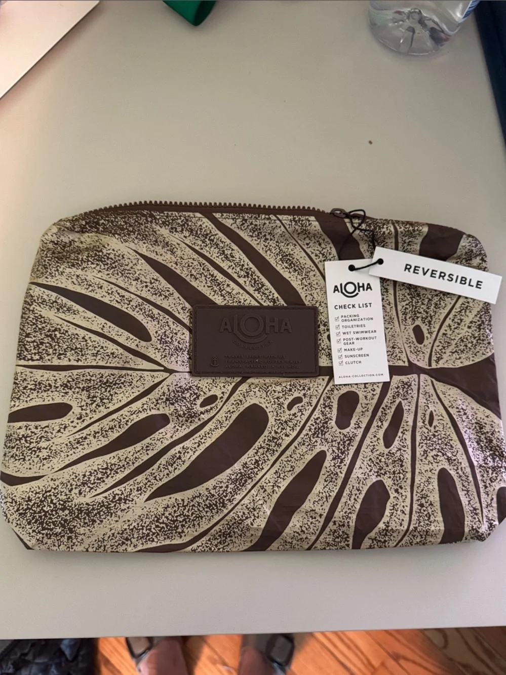 ALOHA Brown & Cream Palm Leaf Reversible Zip Mid Pouch